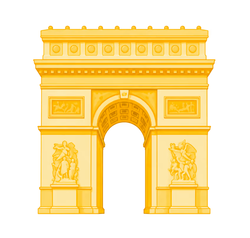 Illustration of the Arc de Triomphe monument with sculptures and archway in yellow tones.