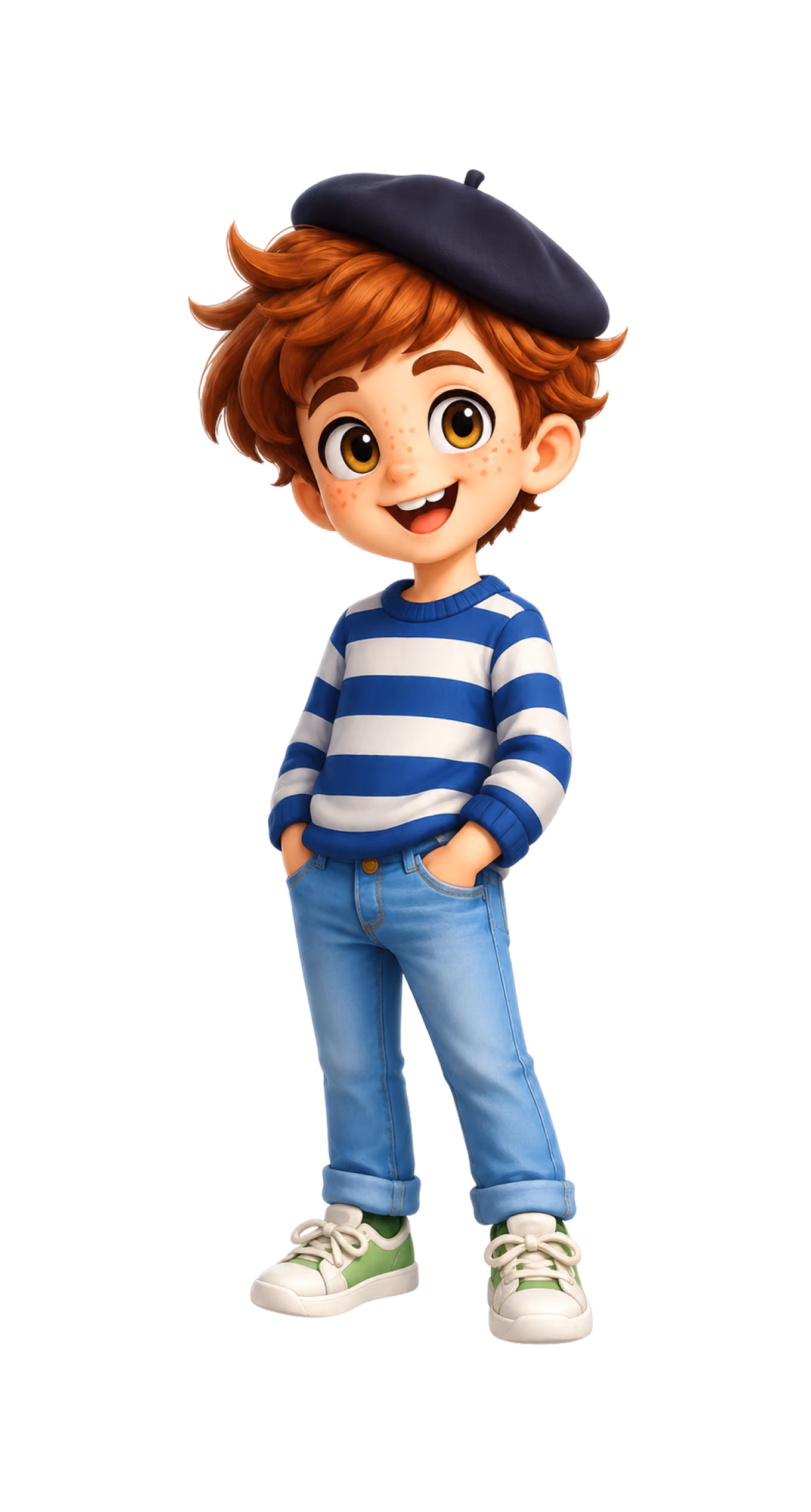 Happy red-haired boy with freckles wearing a blue striped sweater, jeans, green sneakers, and a black beret.