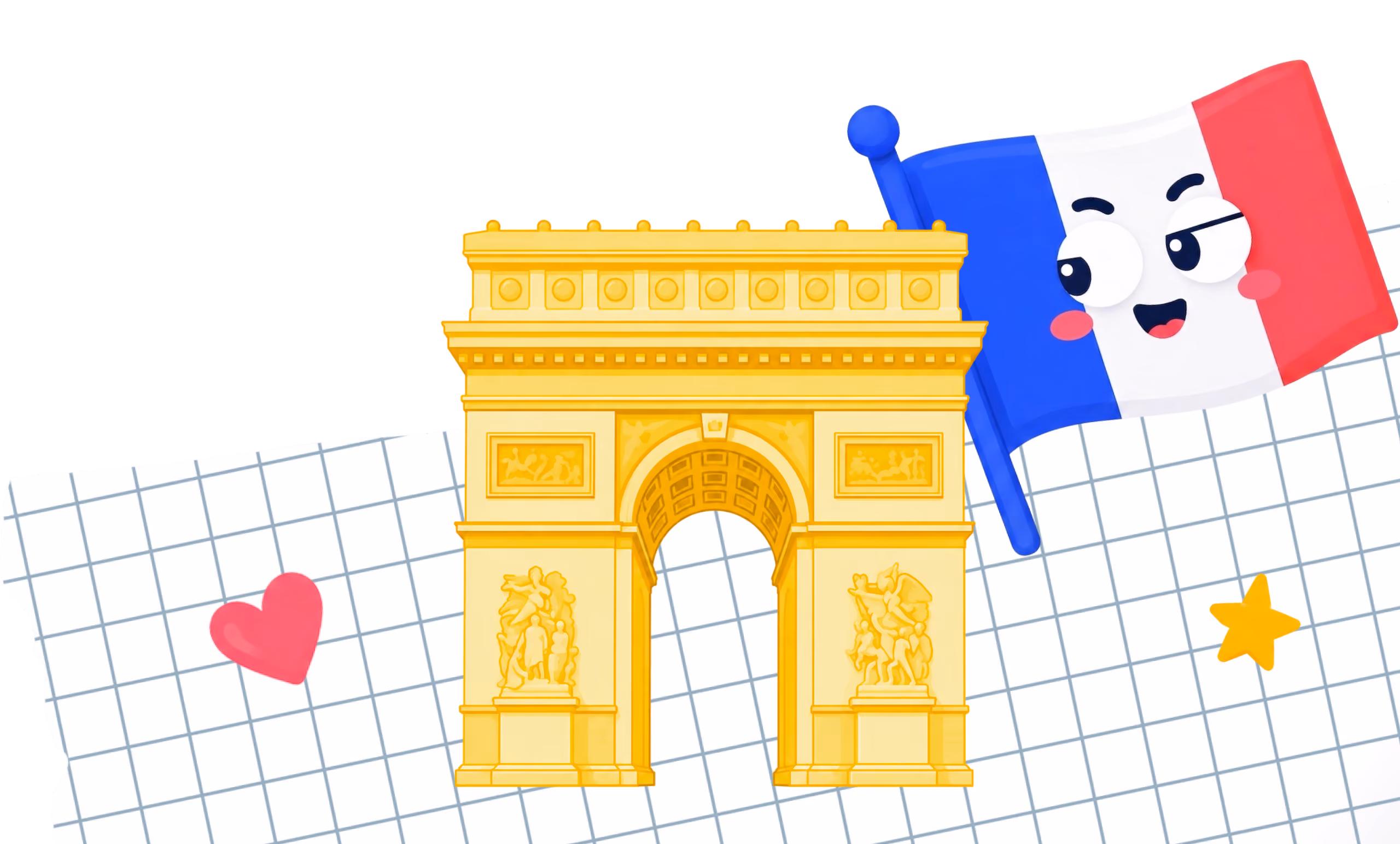 Cartoon Arc de Triomphe with a smiling French flag and heart and star icons on grid paper.