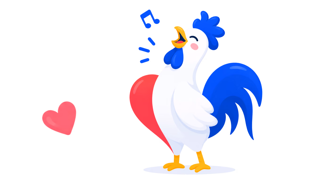 Illustration of a white rooster with blue tail feathers and comb, singing with musical notes above its open beak, standing beside a red heart shape and a smaller pink heart nearby.