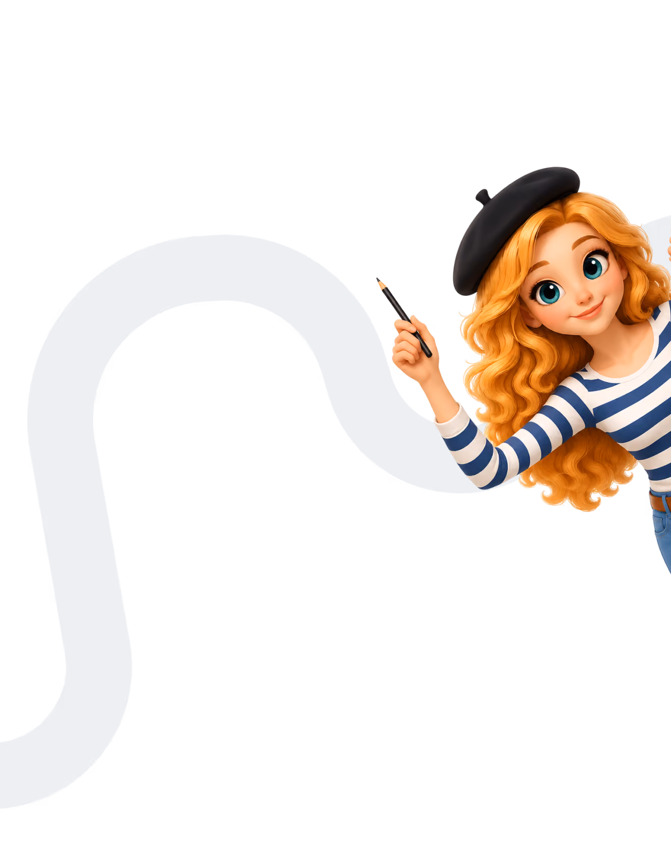 Illustration of a smiling woman with curly blonde hair wearing a black beret and a blue and white striped shirt, holding a pencil with a wavy dark blue line extending from it.