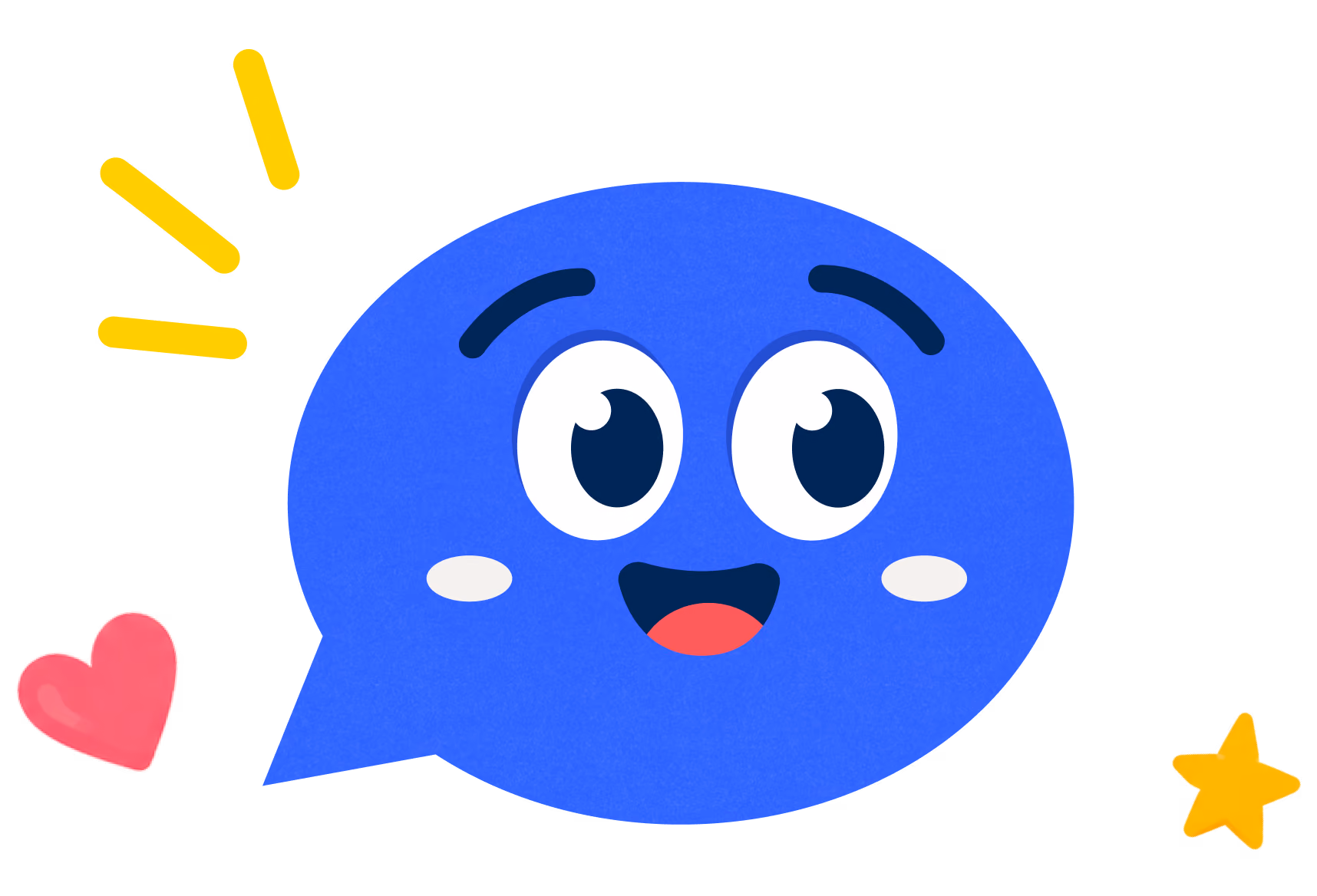 Blue speech bubble with big eyes, smiling mouth, yellow accent lines above, a pink heart on the left, and a yellow star on the right.
