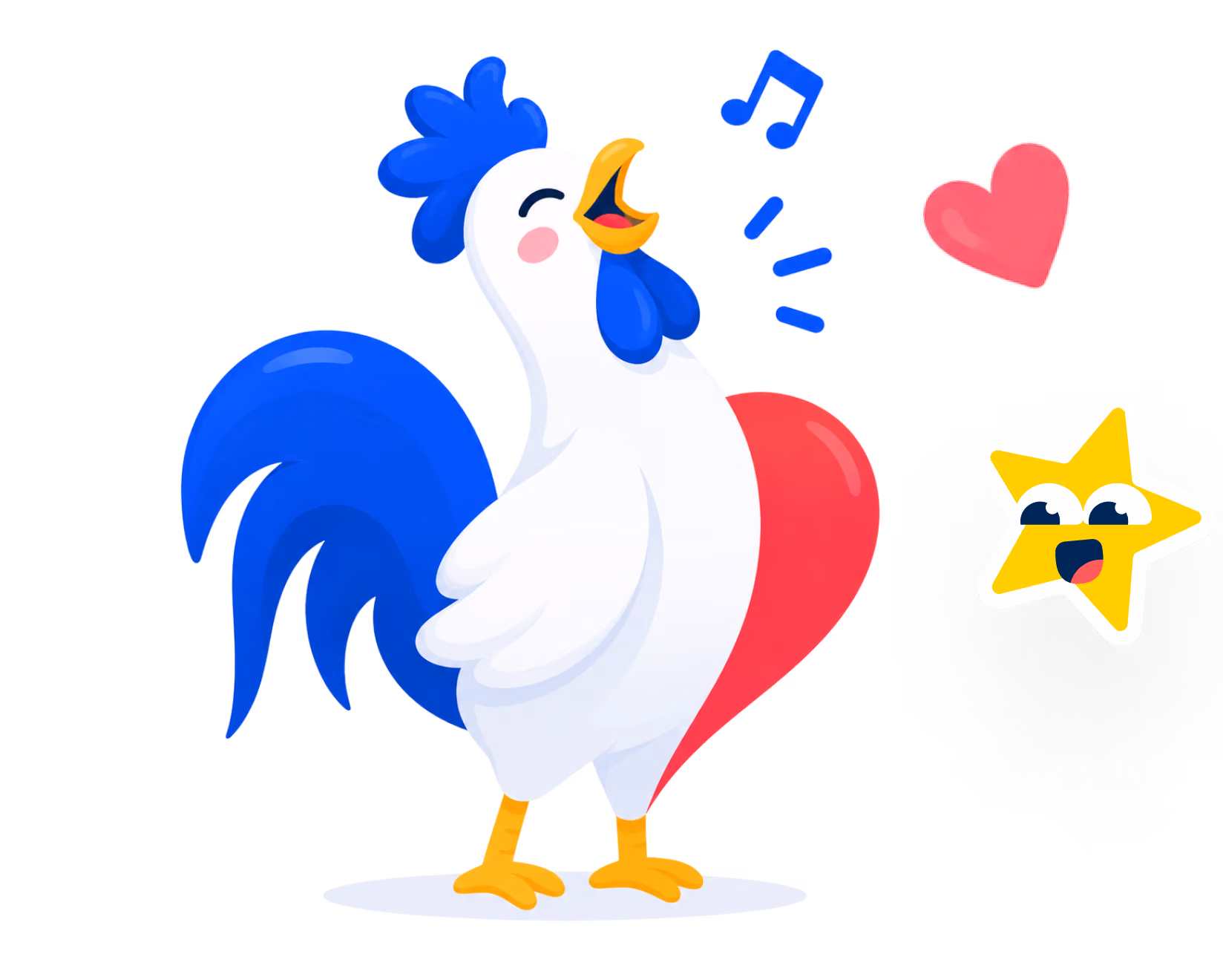 Cartoon rooster with blue tail and comb, white body, and yellow beak and legs, singing with musical notes, a red heart behind it, and a smiling star emoji nearby.