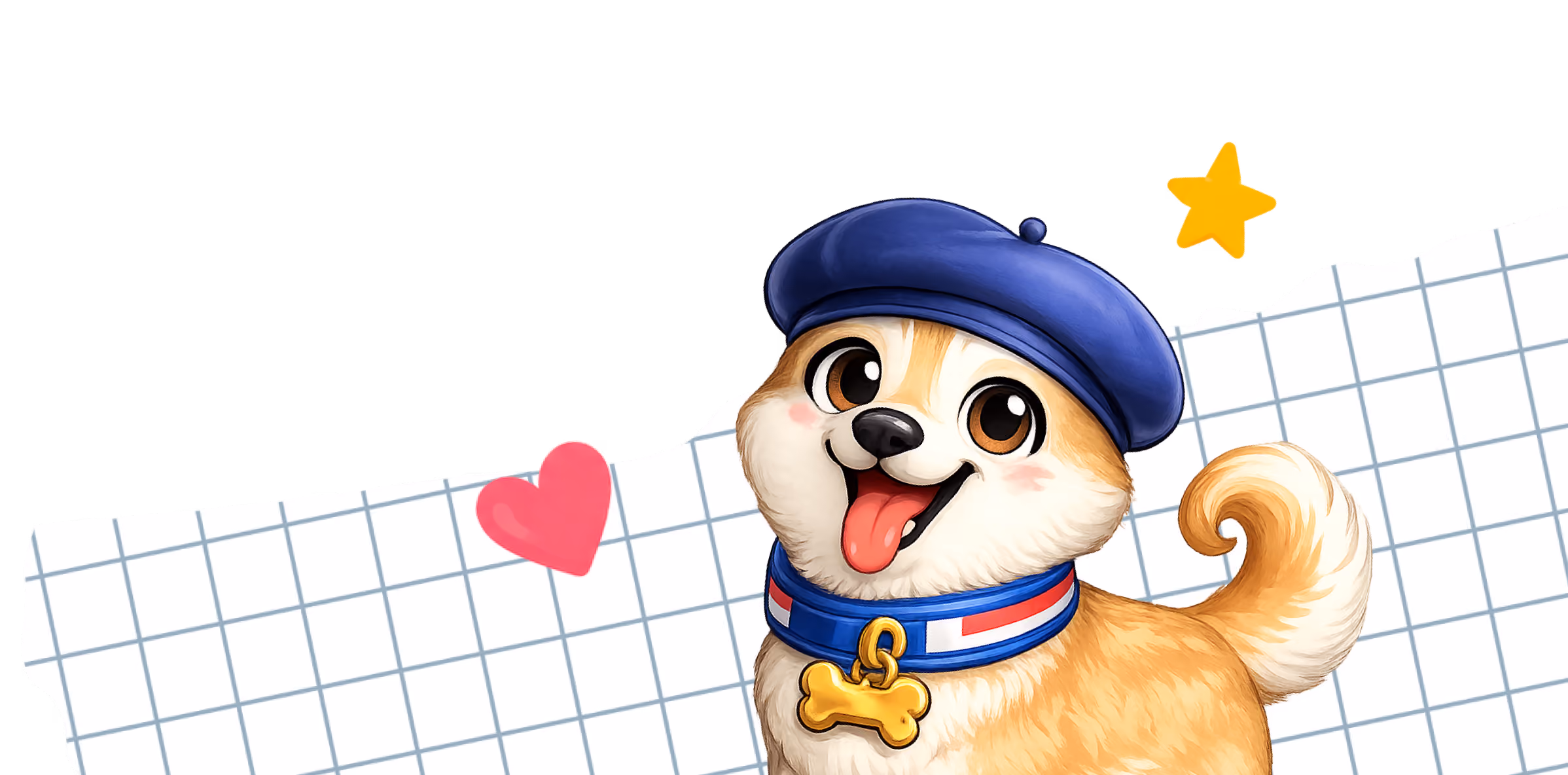 Happy cartoon dog wearing a blue beret and a collar with a gold bone tag, with a red heart and yellow star on a white grid paper background.