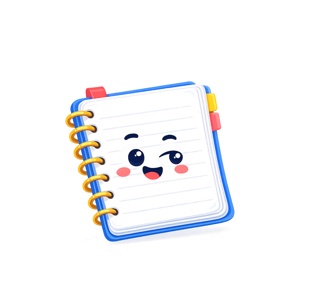 Cartoon style spiral notebook with blue edges and yellow rings, featuring a happy face with big eyes and a smiling mouth on the lined page.