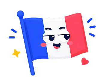 A cartoon French flag with blue, white, and red vertical stripes, featuring a smiling face with eyes and rosy cheeks on the white stripe, accompanied by a yellow star and a red heart.