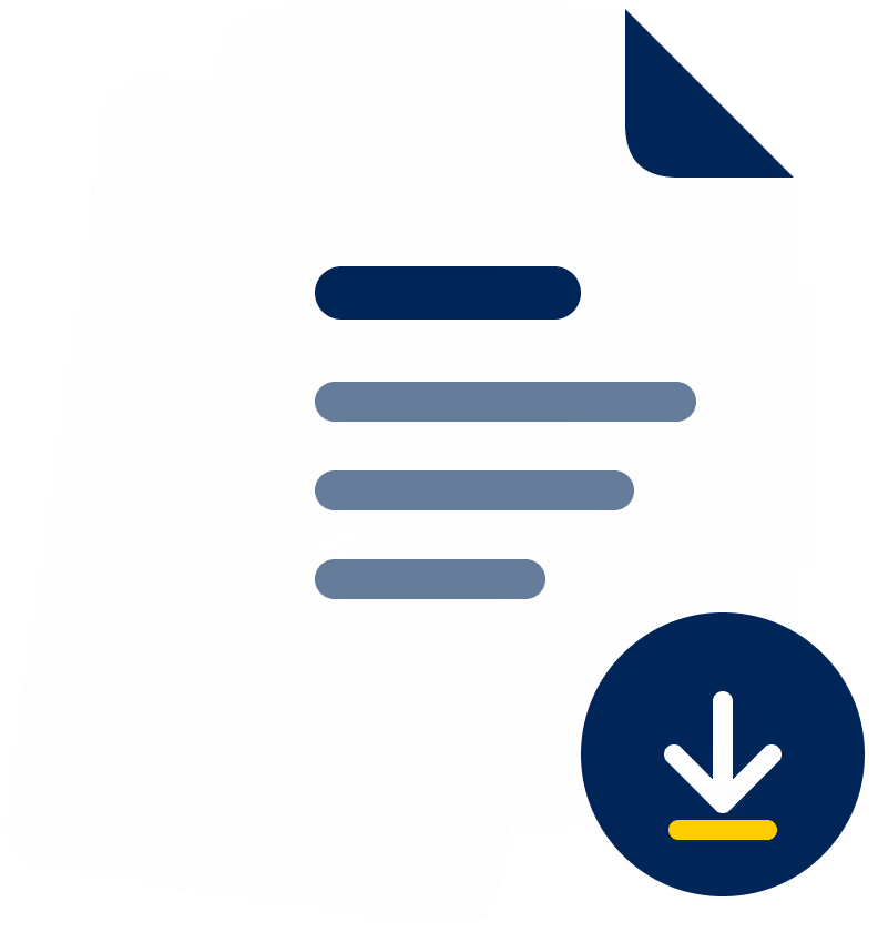 Icon of a white document with blue lines representing text and a dark blue folded corner at top right, accompanied by a dark blue circle with a white downward arrow symbolizing file download.