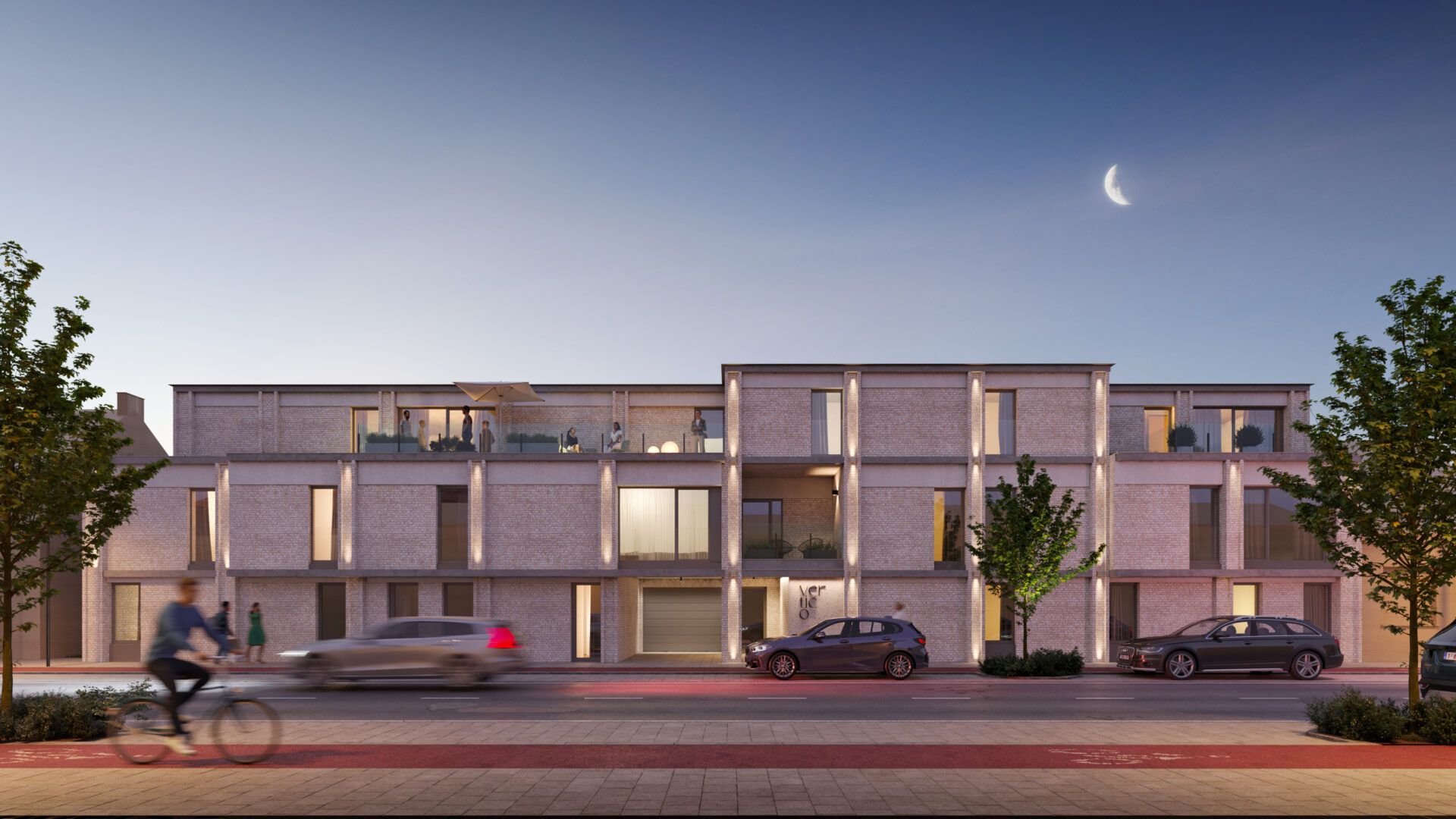 Render van een woonproject bij schemerlicht, ontworpen door Fragmat Architects
