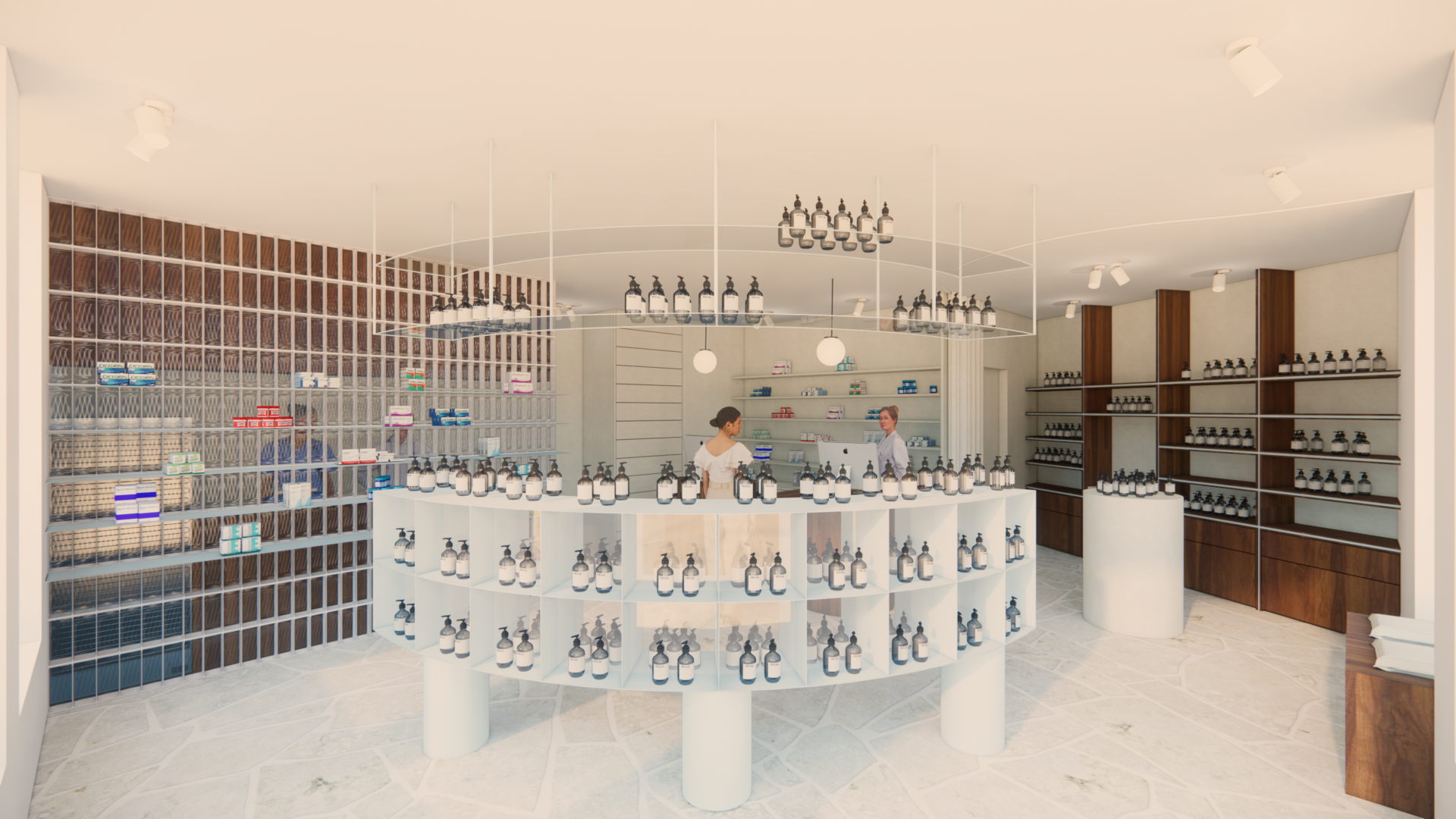 Interieur van Apotheek Heylen in Aarschot met natuurlijke materialen