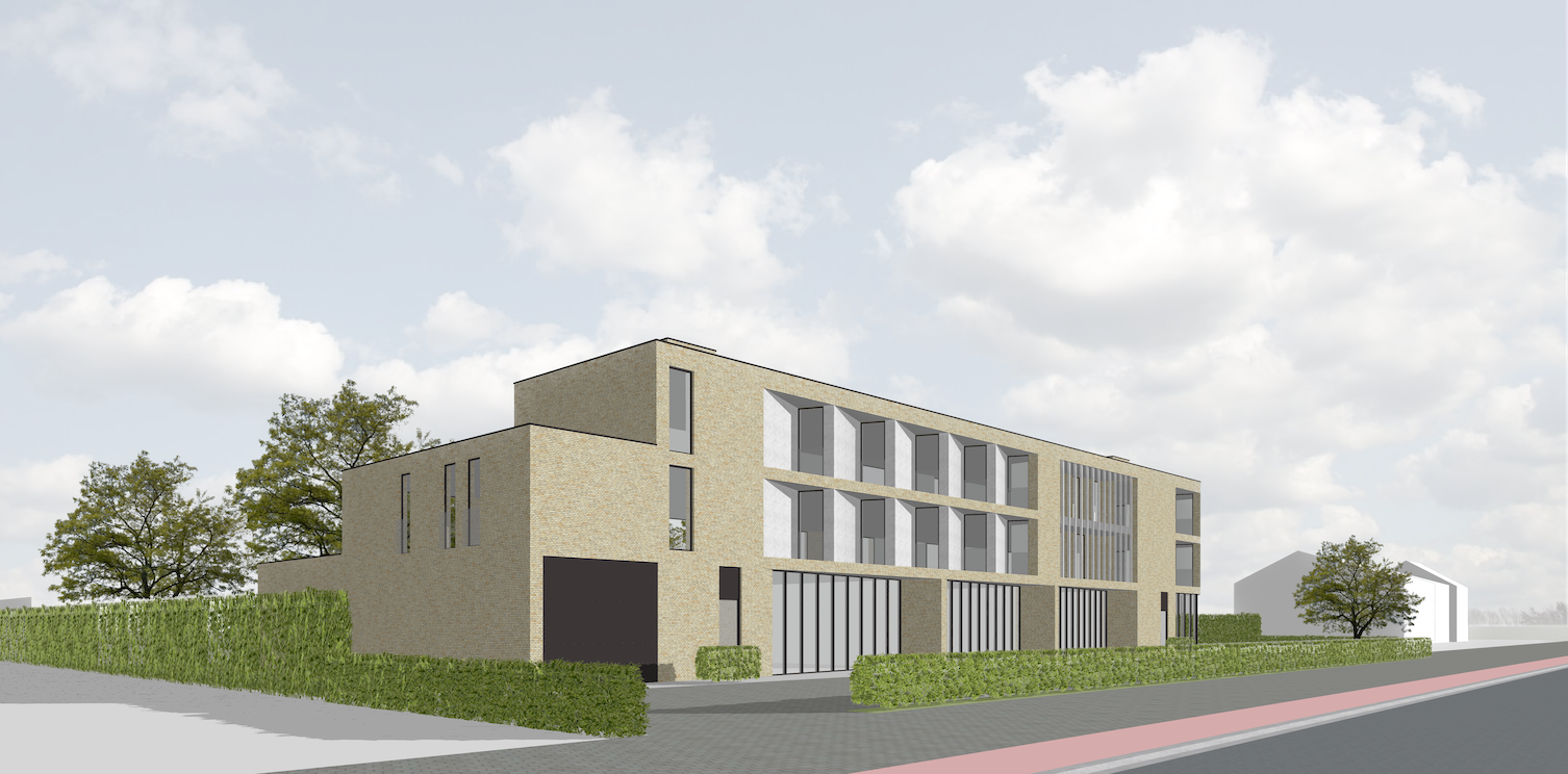 Render van de meergezinswoning met handelspanden in Bekkevoort