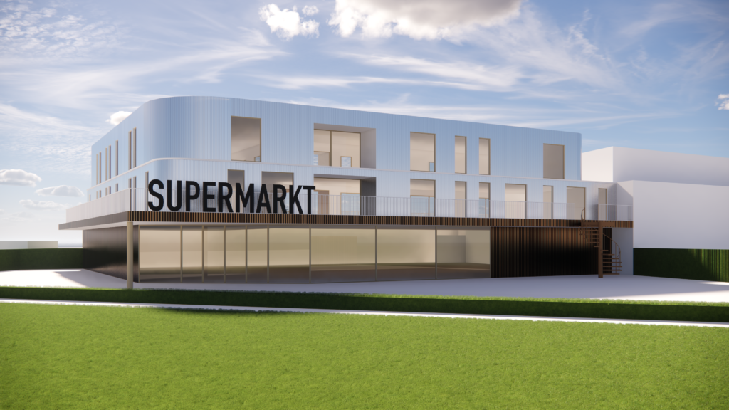 Render van de nieuwbouwsupermarkt