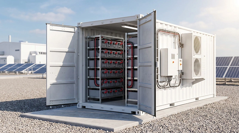 Open white shipping container housing a battery storage system with multiple battery racks and connected wiring, located outdoors on a gravel surface with solar panels in the background.