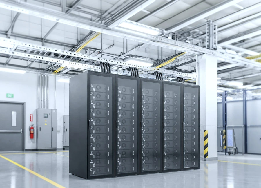 Large battery rack with multiple black battery units stacked in a clean, data center room with overhead pipes and cables.