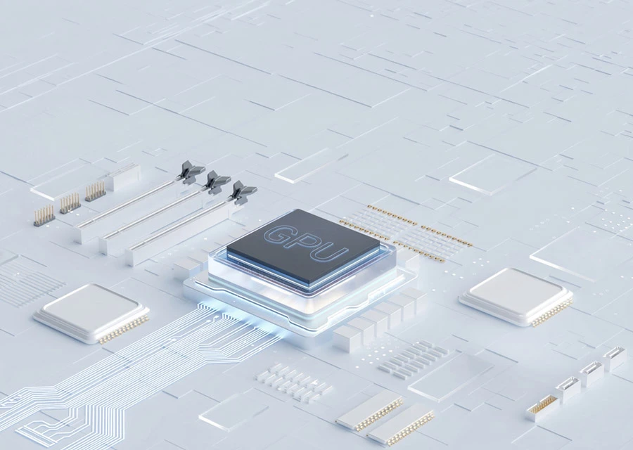 Close-up of a GPU chip mounted on a futuristic white circuit board with intricate circuitry and electronic components.