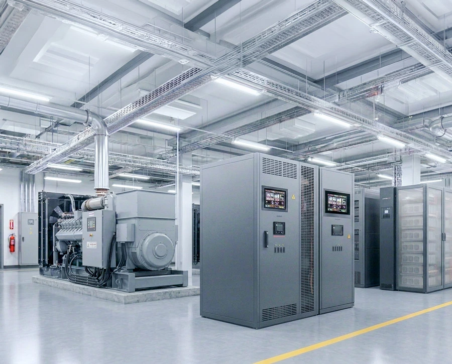 Modern data center power room with large generator on the left and control panels and electrical cabinets in the center and right, illuminated by ceiling lights with exposed piping and cable trays overhead.