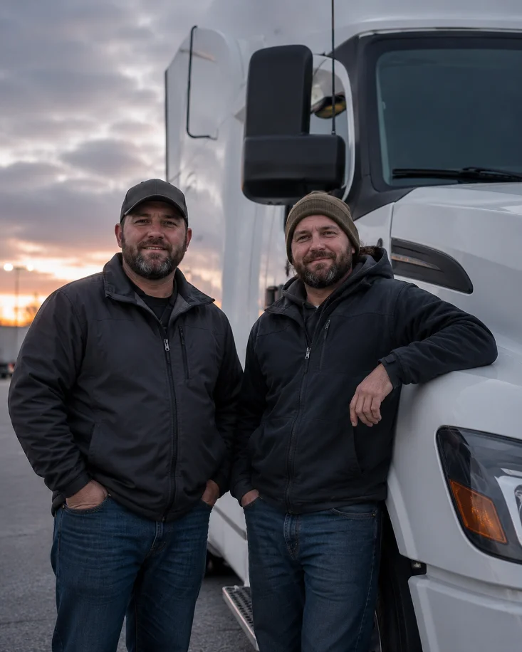 Two drivers beside their truck
