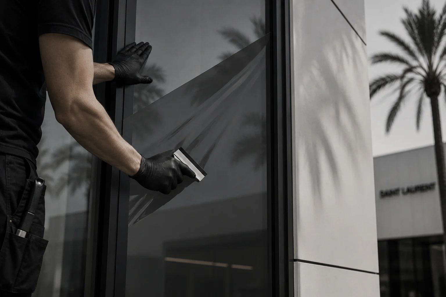Pose d'un film sur la vitrine d'un commerce