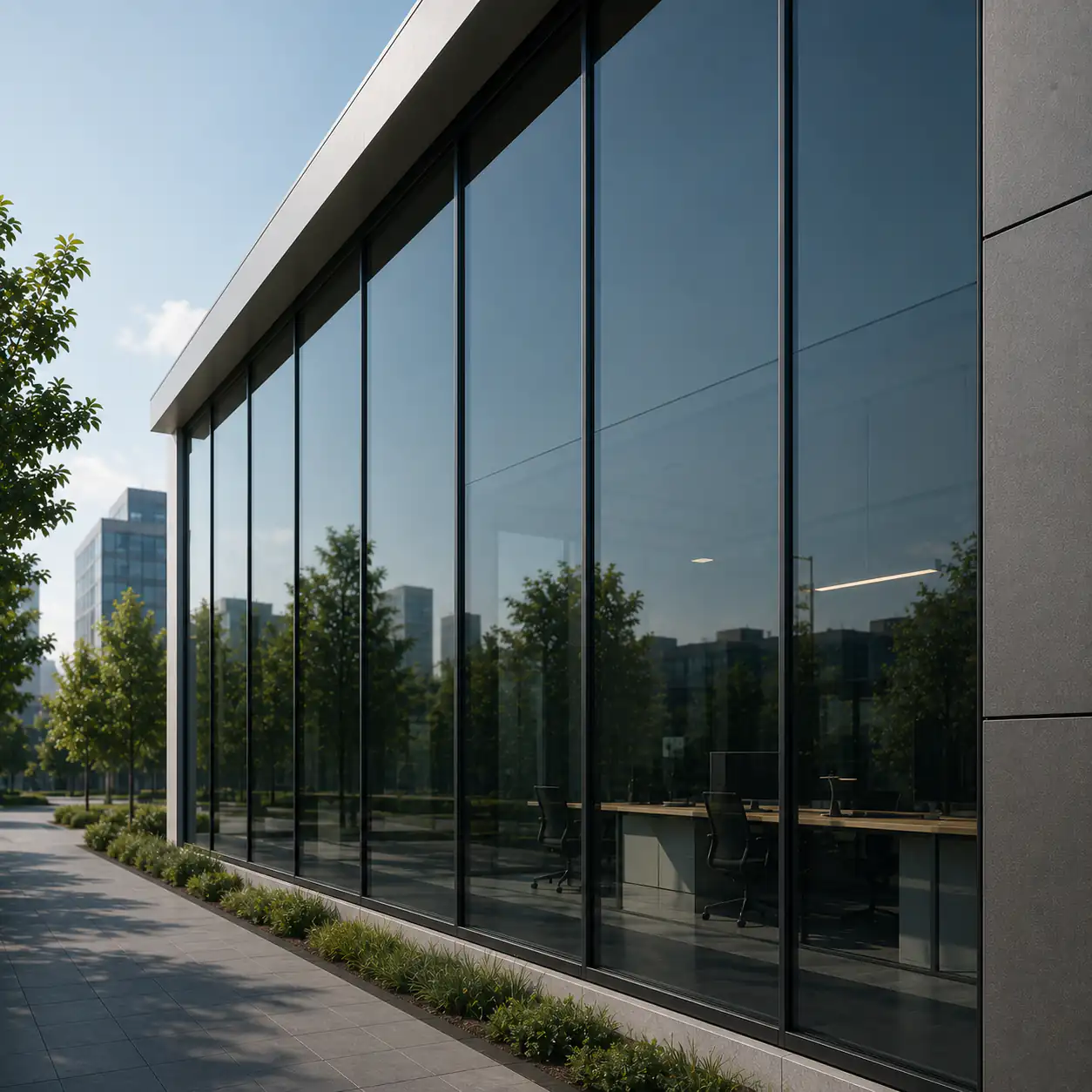 Façade de bureaux avec film à faible réflexion