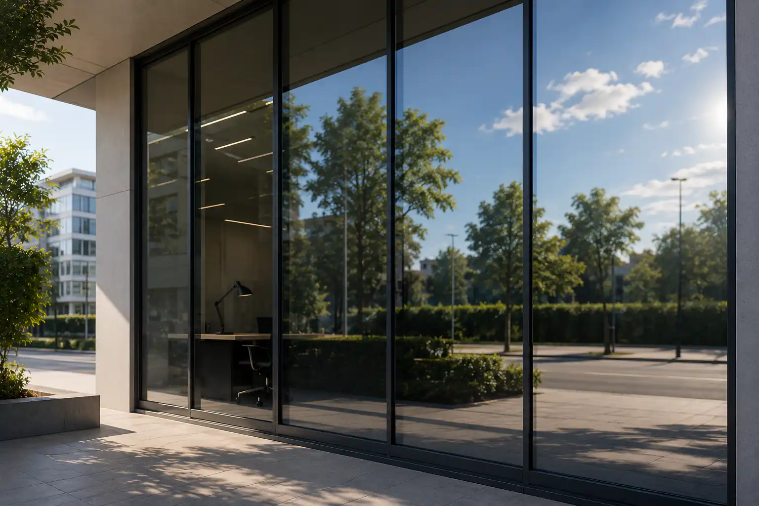 Film anti-regard effet miroir sur une façade vitrée