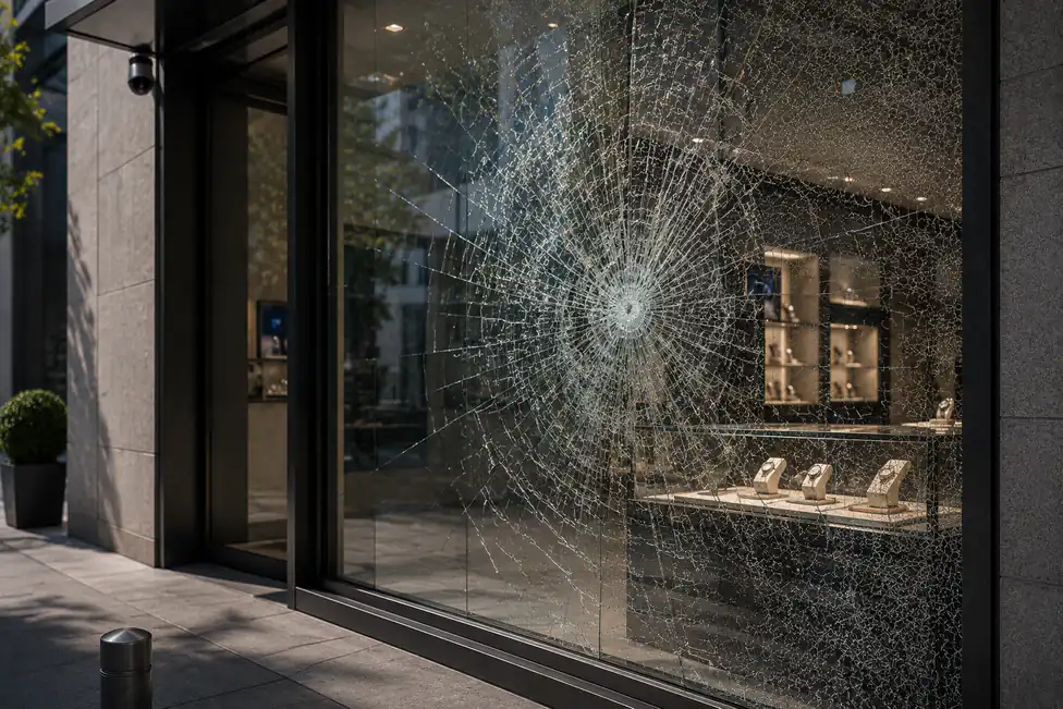 Vitrine de bijouterie protégée par un film de sécurité renforcé