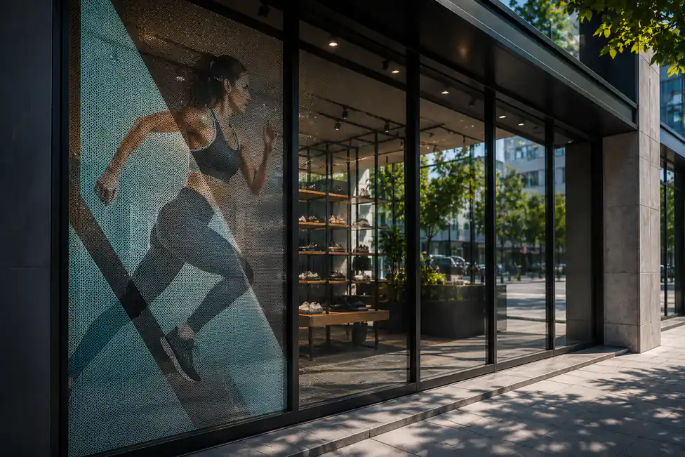 Film micro-perforé imprimé sur une vitrine de commerce