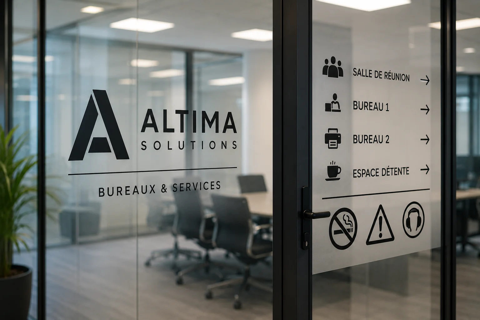 Logo découpé au plotter posé sur une porte d'entrée vitrée