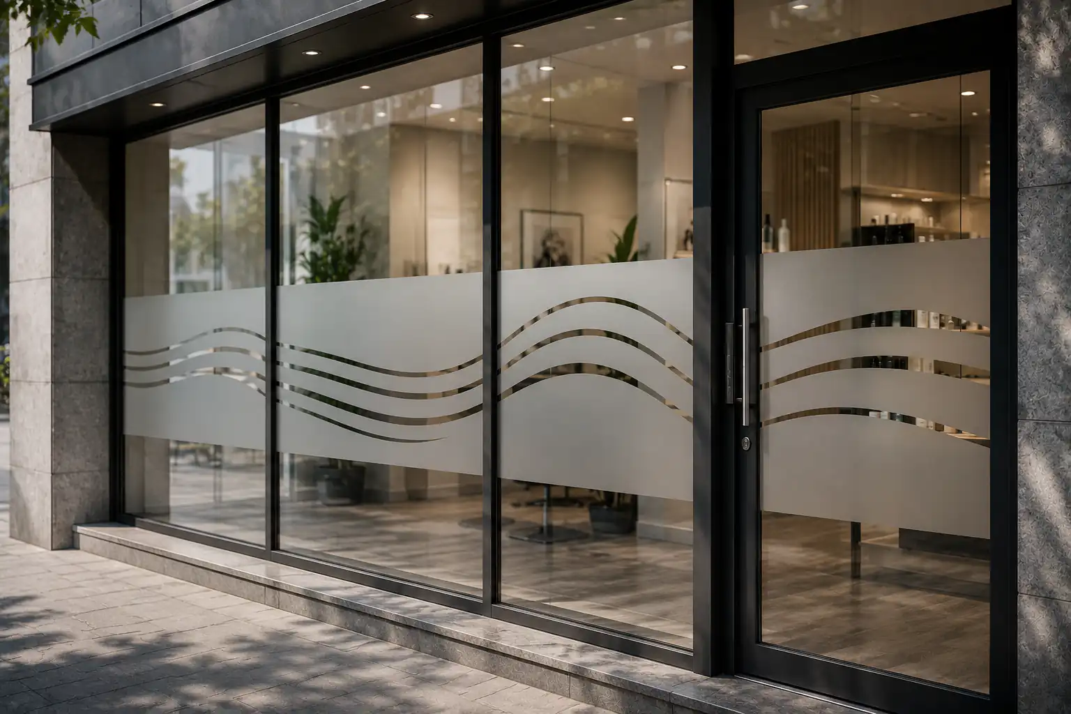 Vitrophanie dépoli posée sur une cloison de bureau