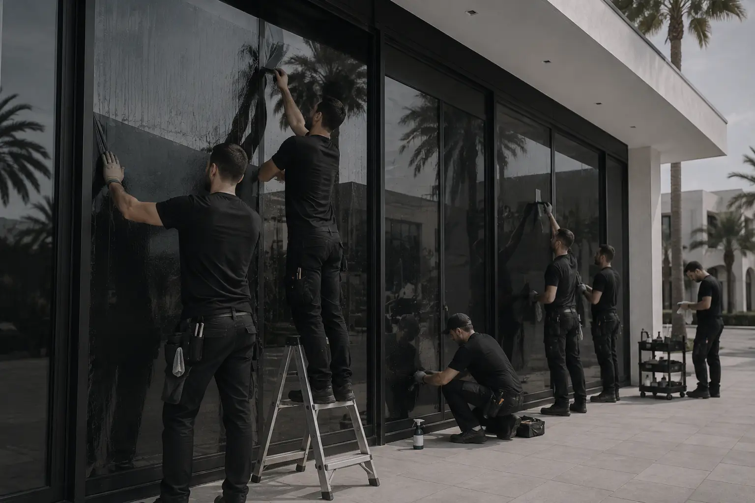 Équipe Techwrap posant un film sur la façade vitrée d'un bâtiment
