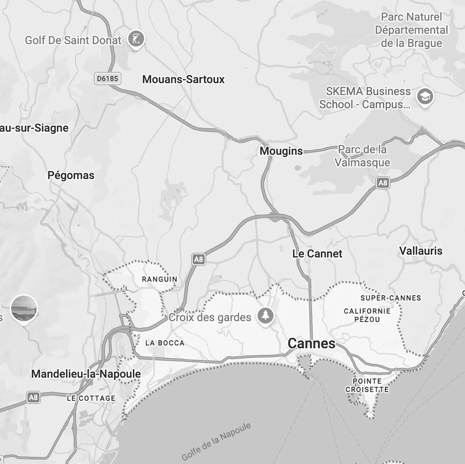 Carte de la zone d'intervention Techwrap autour de Cannes