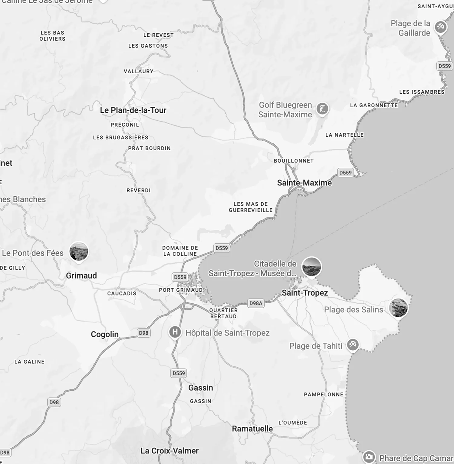 Carte de la zone d'intervention Techwrap dans le Var-Est et le golfe de Saint-Tropez