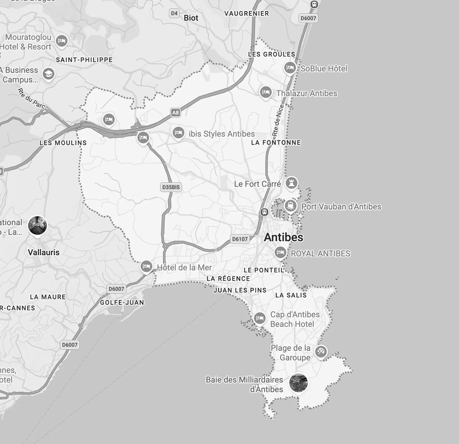Carte de la zone d'intervention Techwrap autour d'Antibes
