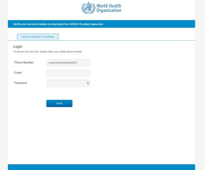 Example of Phishing with an email impersonating the World Health Organization