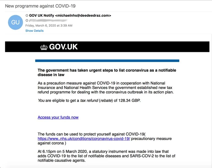 Example of Phishing with a fraudulent email impersonating the British government