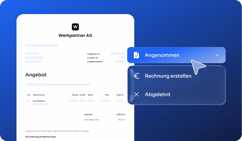 Ein digitales Angebot von Werkpartner AG mit Statusauswahl: Angenommen, Rechnung erstellen, Abgelehnt.