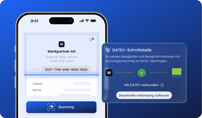 Smartphone zeigt DATEV-Schnittstelle, verbunden mit Werkpartner AG für Beleginformationen und Buchungen.