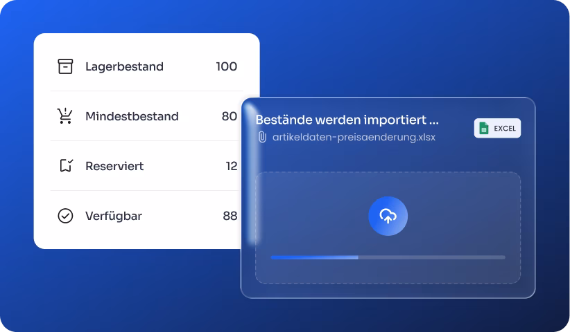 Bildschirm zeigt Lagerbestand, Mindestbestand, Reserviert, Verfügbar mit Excel-Importfortschritt.