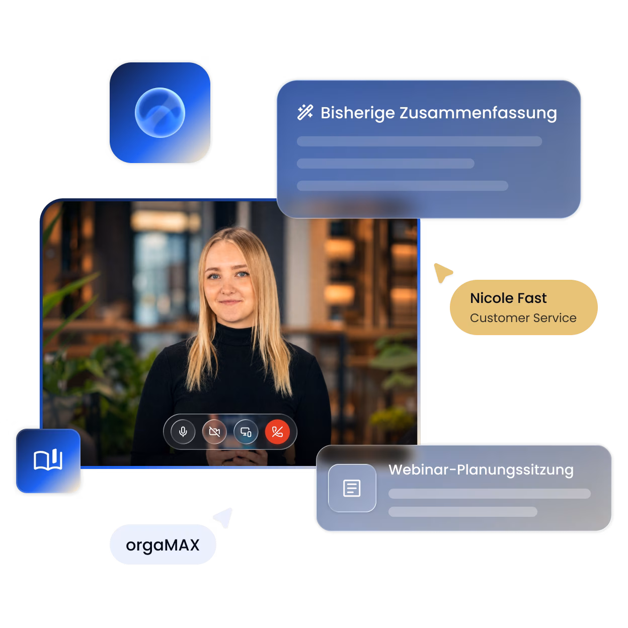 Videokonferenz-Bildschirm mit einer lächelnden blonden Frau vor einem Bürohintergrund, umgeben von Symbolen und Textfelder mit deutschen Begriffen wie „Bisherige Zusammenfassung“ und „Webinar-Planungssitzung“, sowie Namensschild „Nicole Fast Customer Service“.