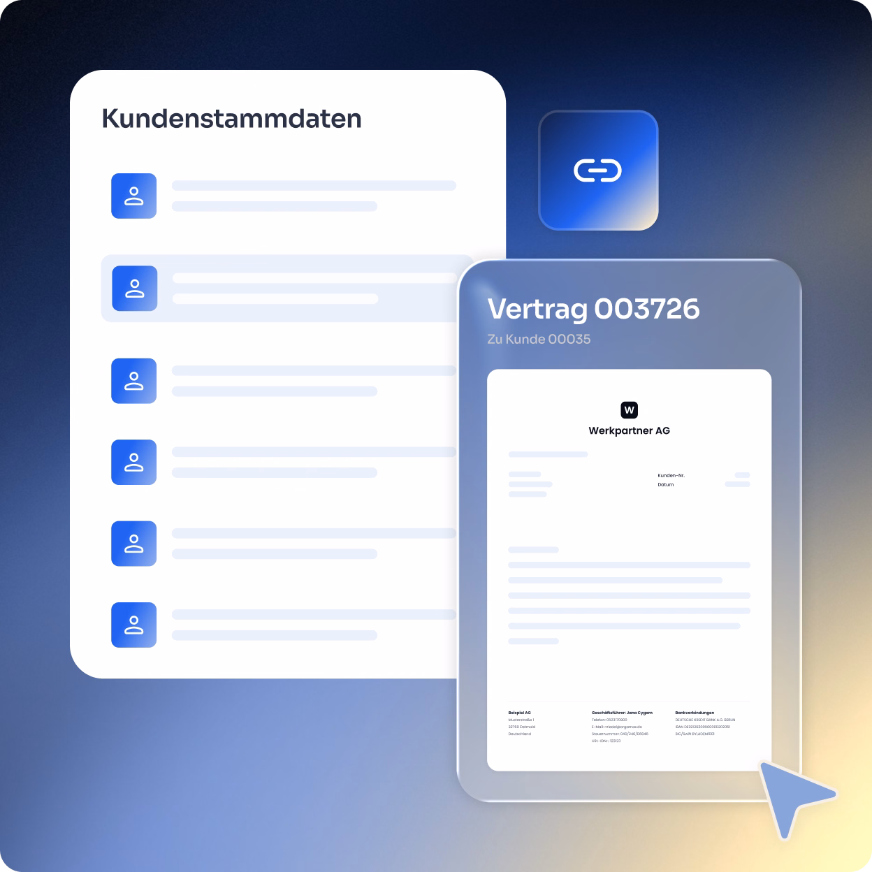 Illustration zeigt eine Liste mit Kundendaten auf der linken Seite und einen digitalen Vertrag mit der Nummer 003726 des Kunden 00035 auf der rechten Seite, symbolisiert durch ein Dokument mit Werkpartner AG-Logo und einem Cursor-Pfeil unten rechts.