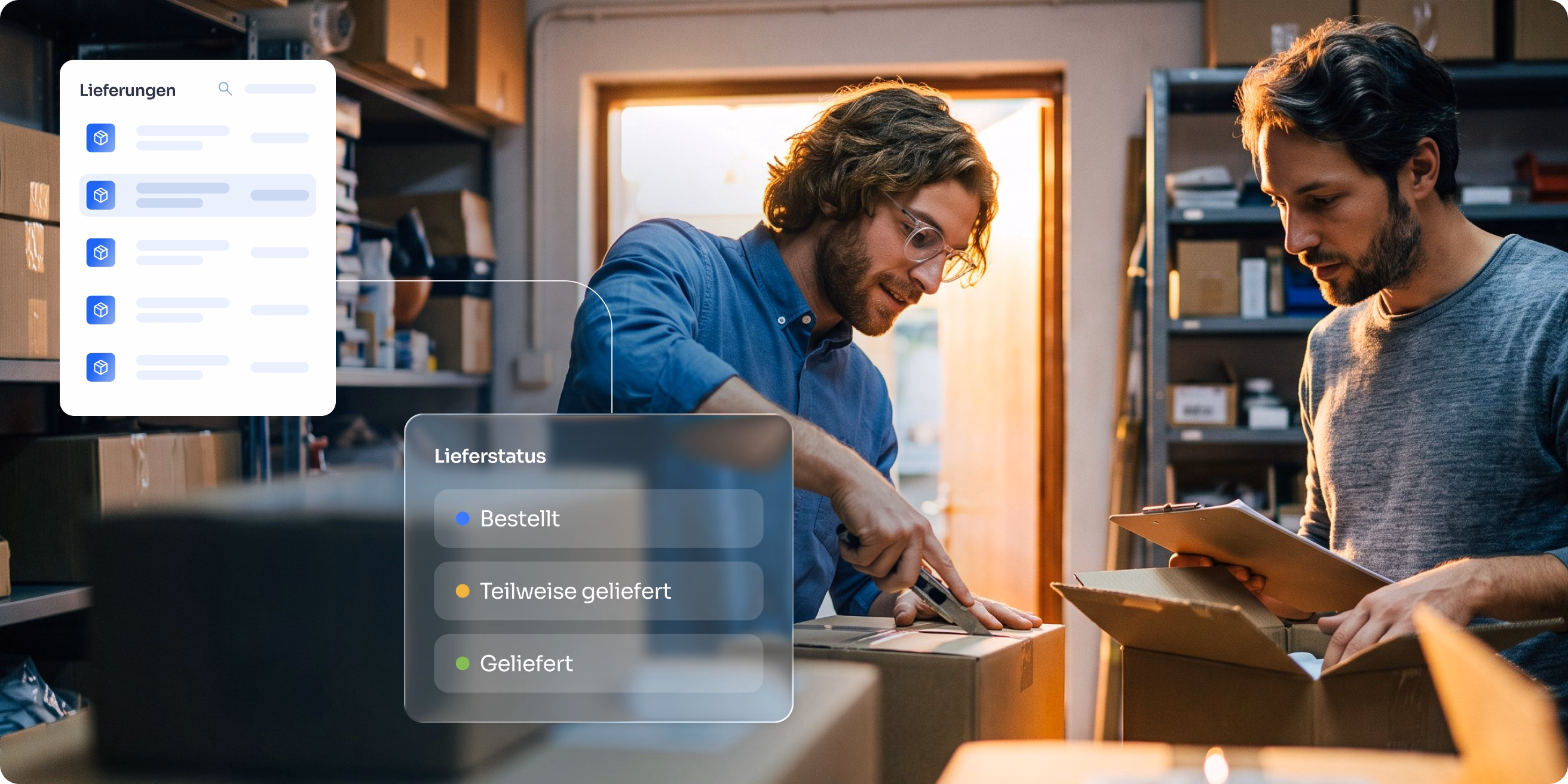 Zwei Männer in einem Lager sortieren Pakete, einer öffnet ein Paket mit einem Messer, der andere hält eine digitale Tabelle auf einem Tablet, im Vordergrund sind Benutzeroberflächen-Elemente mit Lieferinformationen und Lieferstatus wie Bestellt, Teilweise geliefert und Geliefert eingeblendet.