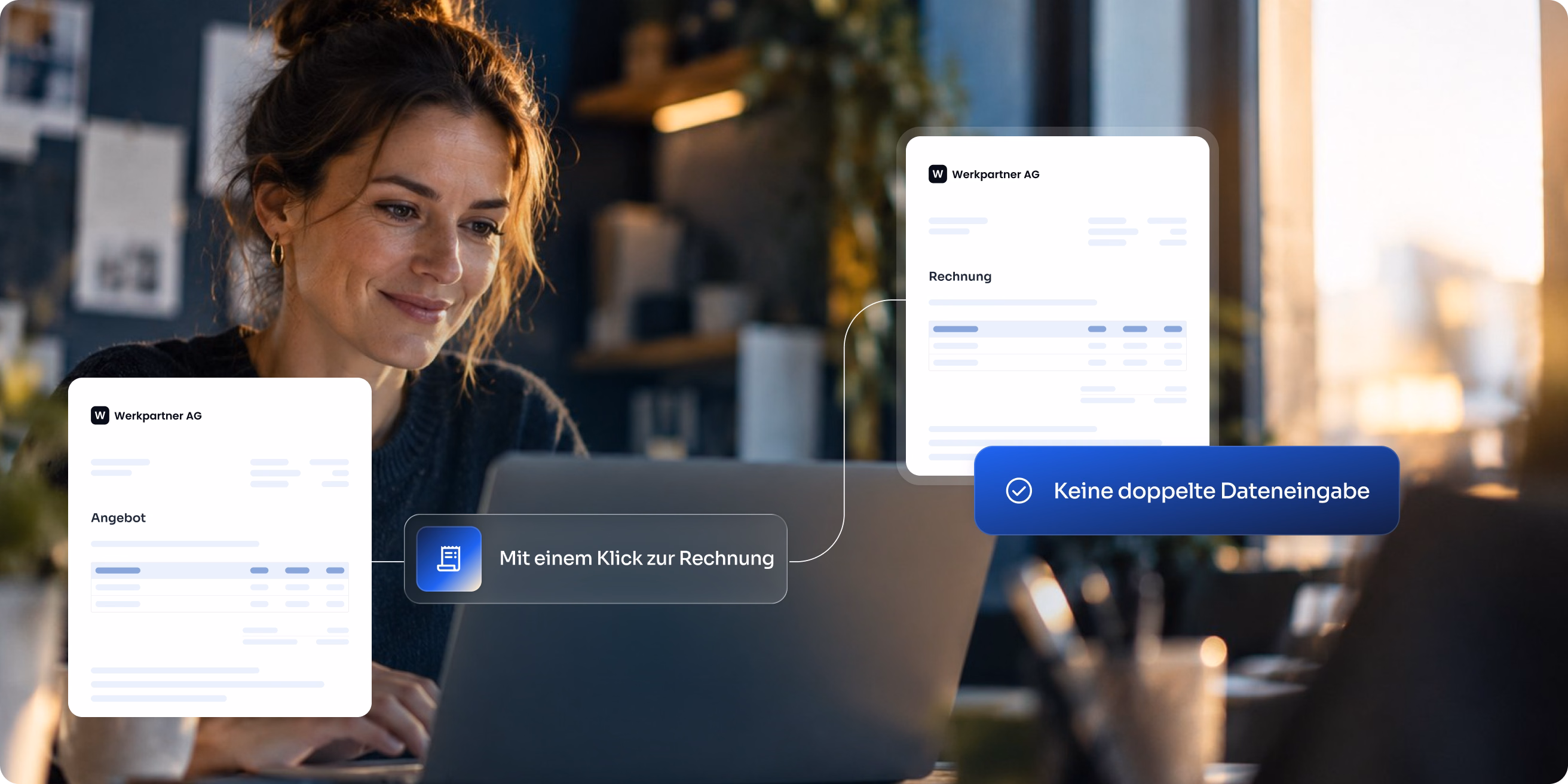 Frau arbeitet an einem Laptop, daneben zwei überlagerte Dokumentillustrationen mit dem Logo Werkpartner AG; links ein Angebot, rechts eine Rechnung, verbunden durch einen Pfeil mit dem Text 'Mit einem Klick zur Rechnung' und daneben eine Blase mit dem Text 'Keine doppelte Dateneingabe'.