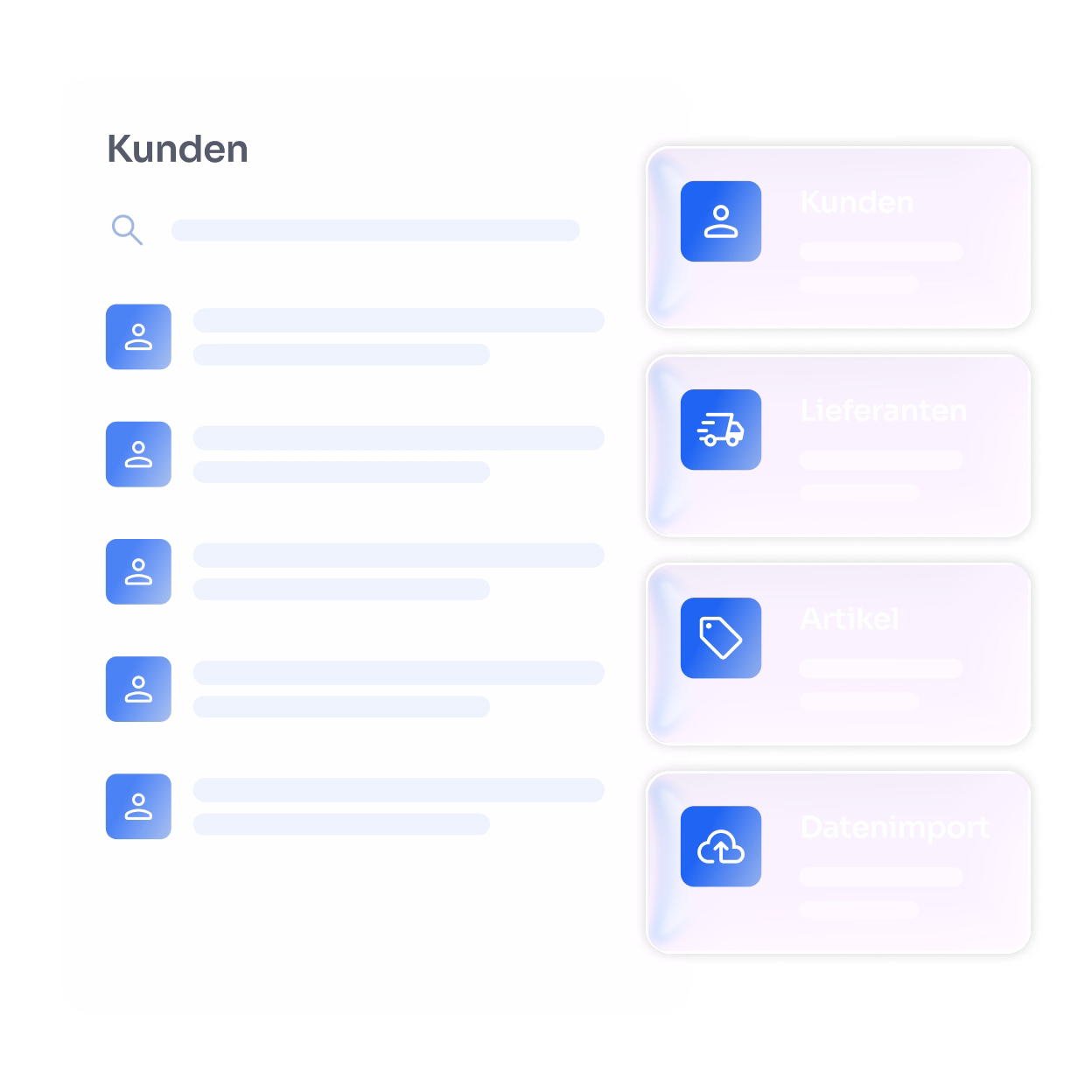 Benutzeroberfläche mit einer Liste von Kunden auf der linken Seite und vier Auswahlfeldern auf der rechten: Kunden, Lieferanten, Artikel und Datenimport, jeweils mit blauen Icons.