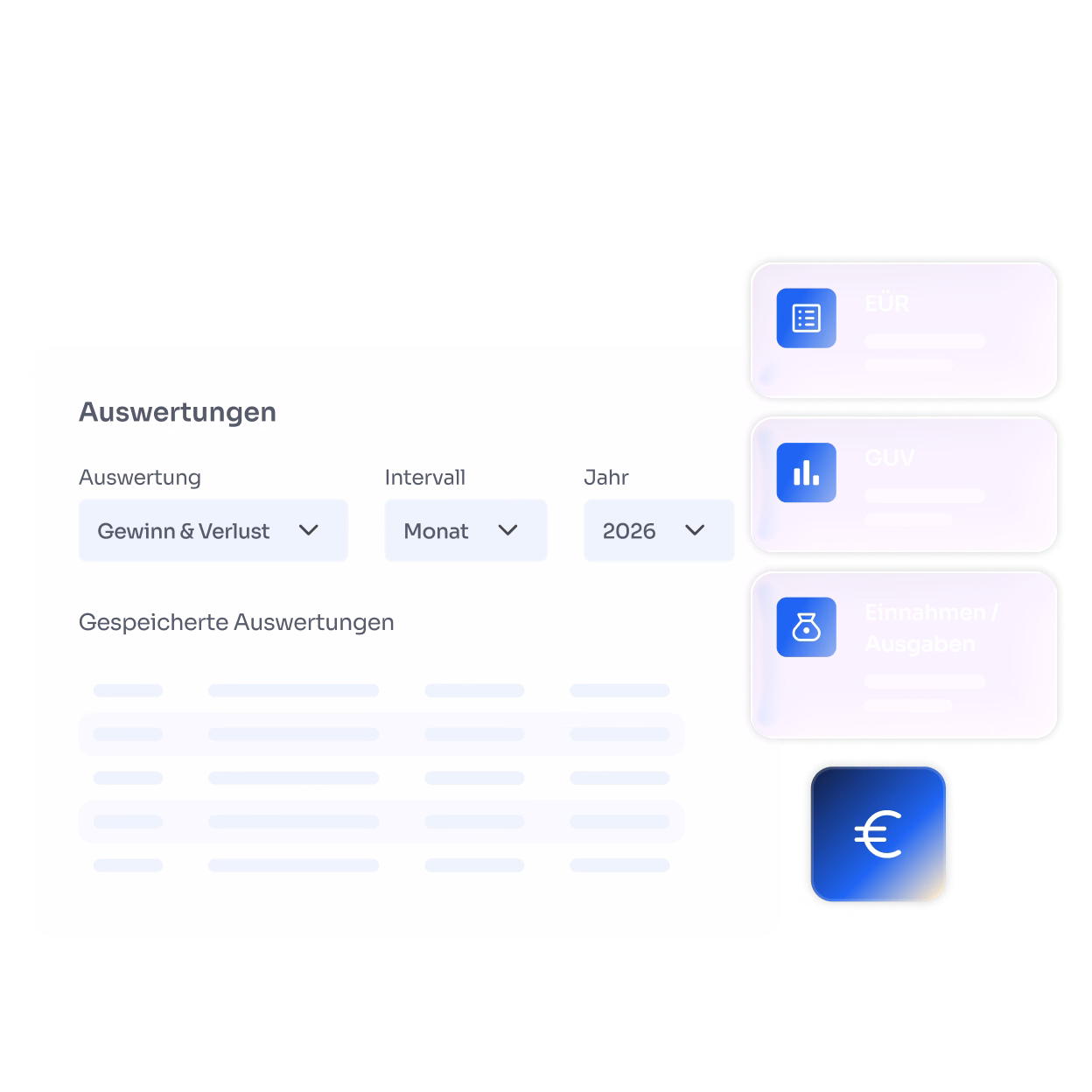 Benutzeroberfläche mit Auswertungen für Gewinn & Verlust, Intervall auf Monat und Jahr 2026 eingestellt, sowie gespeicherte Auswertungen. Daneben drei hervorgehobene Schaltflächen mit Symbolen und Text: EÜR, GUV und Einnahmen/Ausgaben, darunter ein weiteres Symbol mit Eurozeichen.
