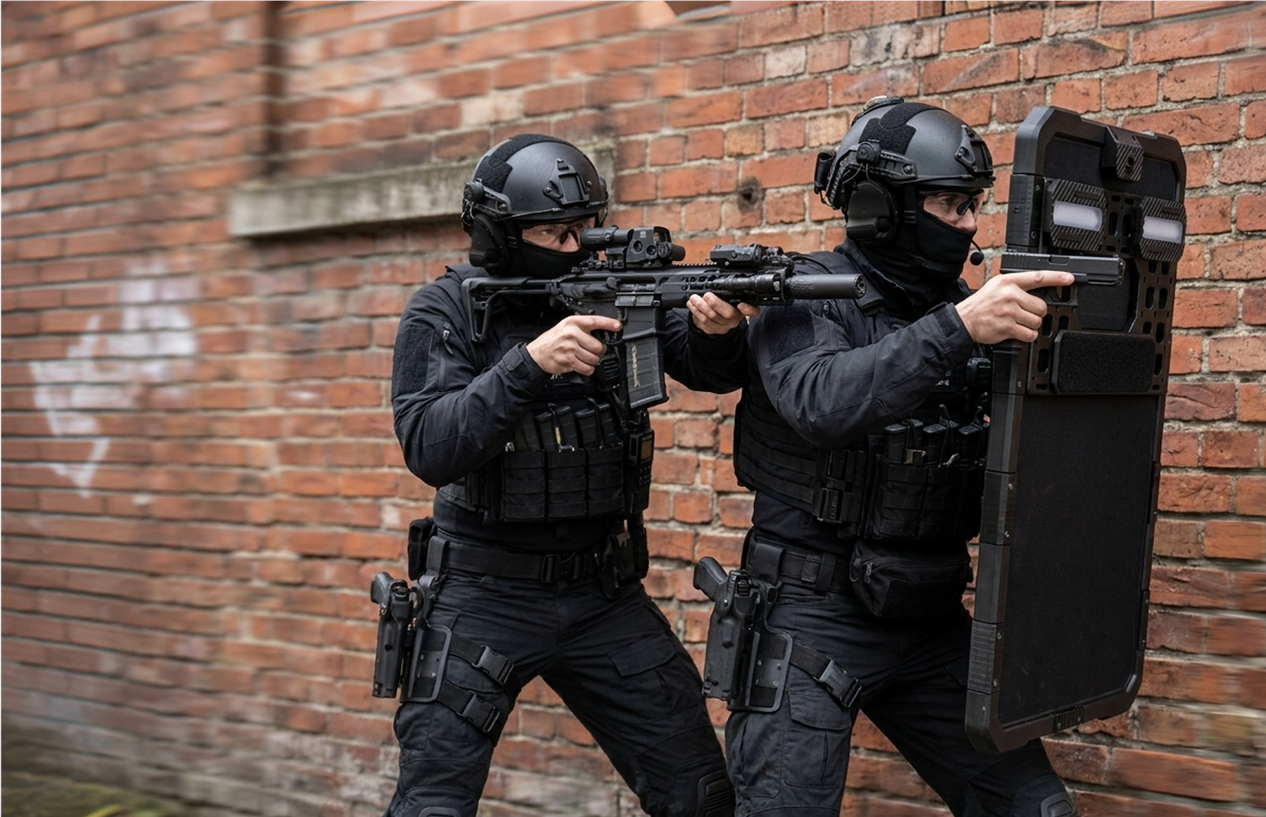 Two tactical officers against a brick wall, one behind a PACPROTECT ballistic shield