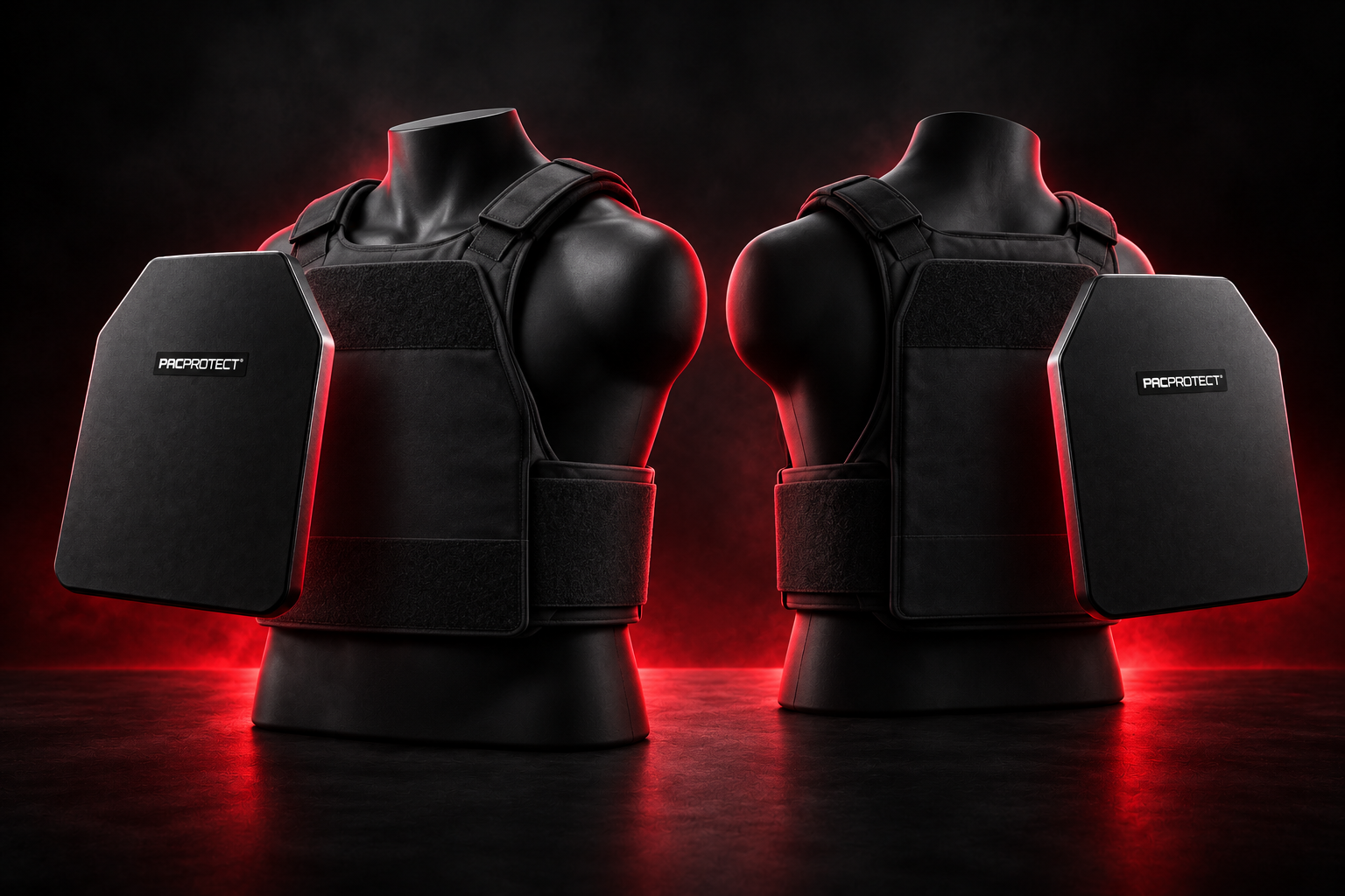 Illustrative front and back coverage with PACPROTECT hard armour plates and generic unbranded plate carriers