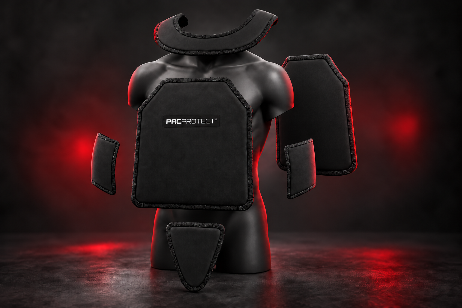 Static conceptual illustration of PACPROTECT soft armour coverage around a torso, with front, back, collar, side and groin panels.