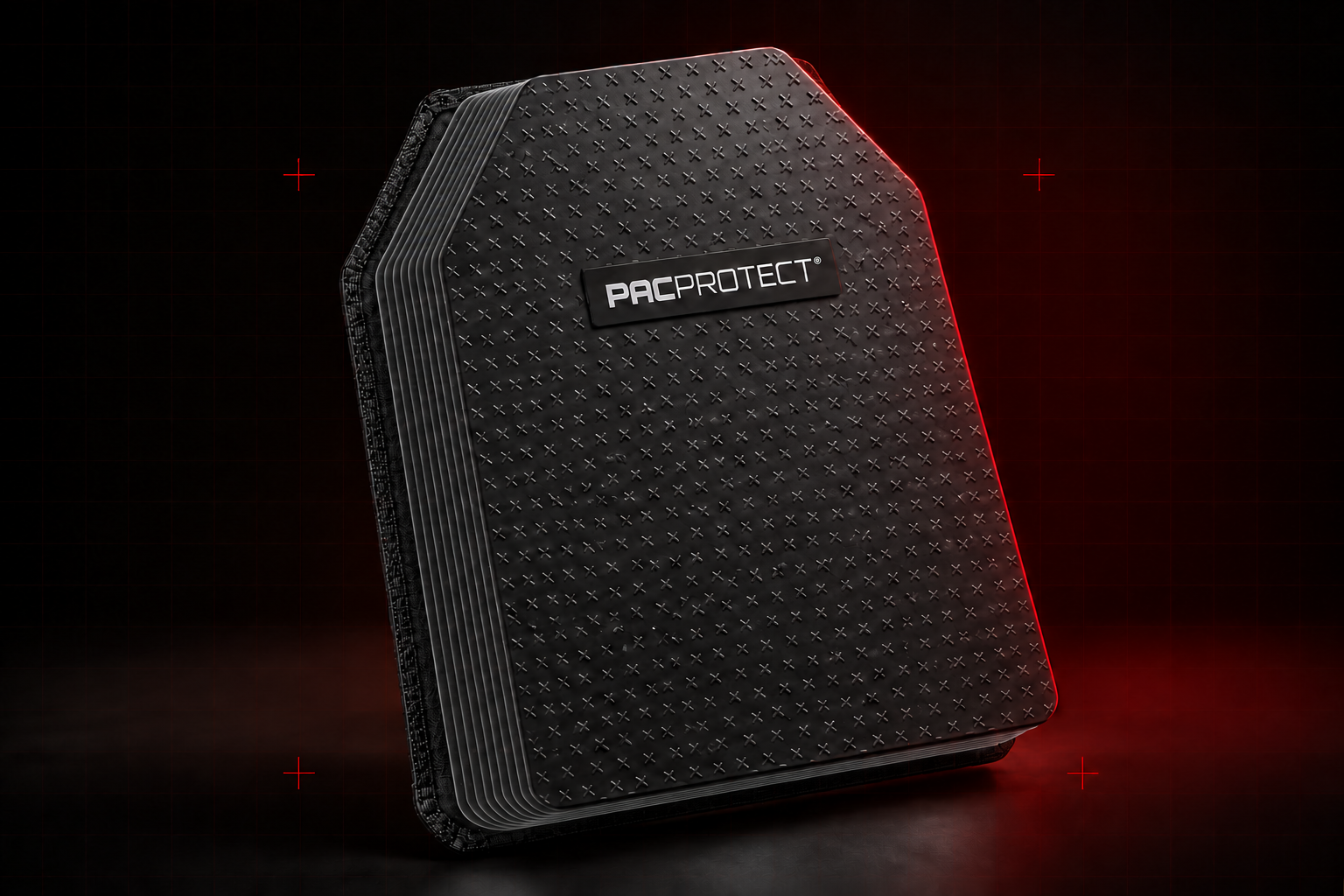 Conceptual 3D PACPROTECT soft armour panel with translucent lower layers beneath a dark X-pattern top layer.