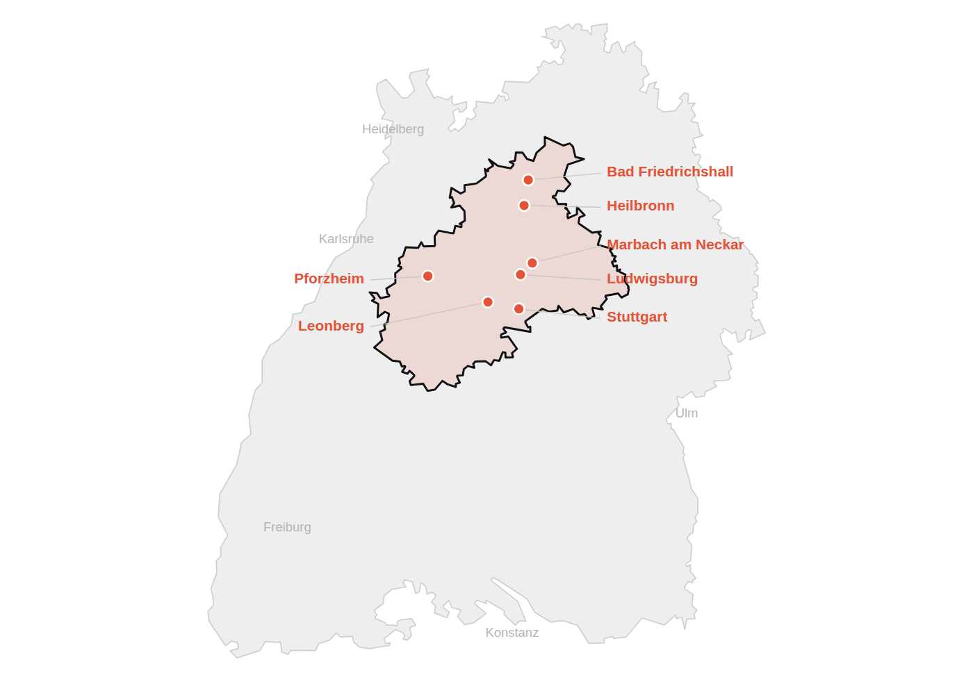 Kartenausschnitt Raum Heilbronn – Stuttgart – Pforzheim mit namai-Projektstandorten
