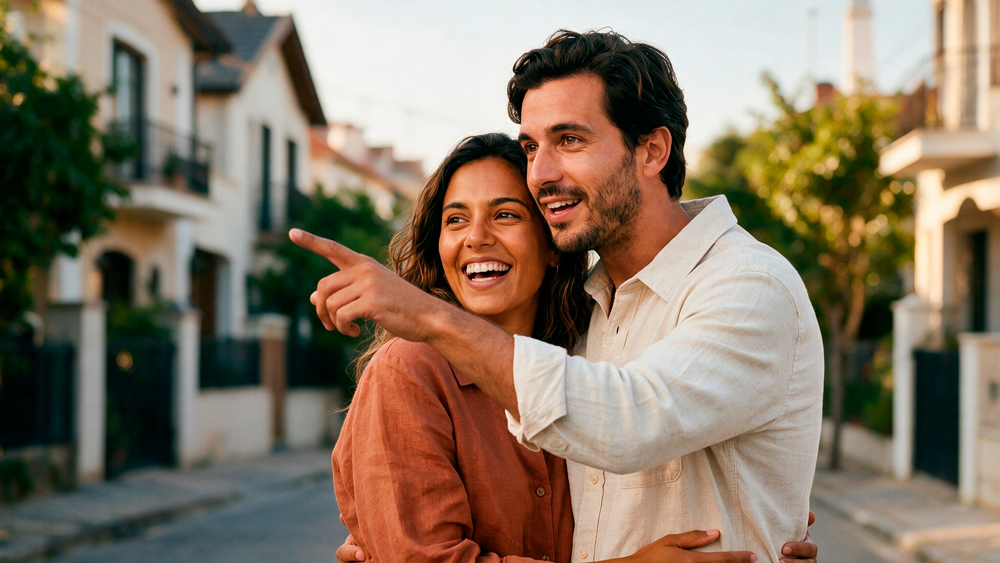 Casal jovem sorridente a apontar para uma casa, à procura da primeira habitação própria
