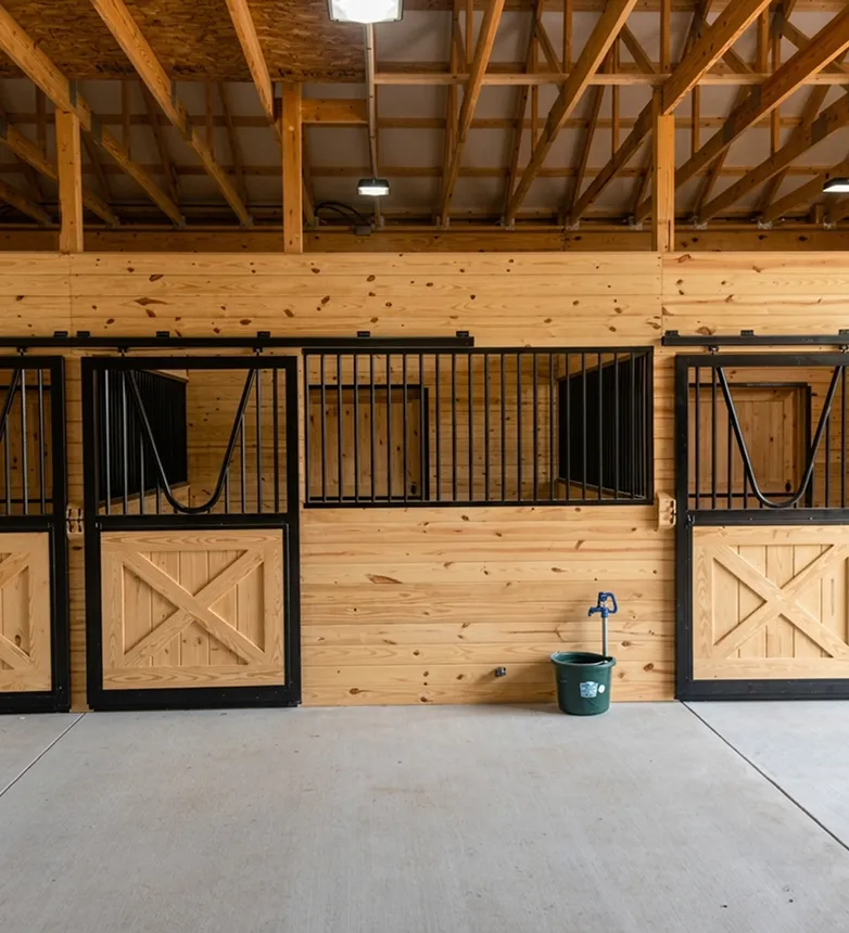 Interior of a horse stable with wooden walls, three empty stalls with black metal bars, and a green water bucket attached to the wall.