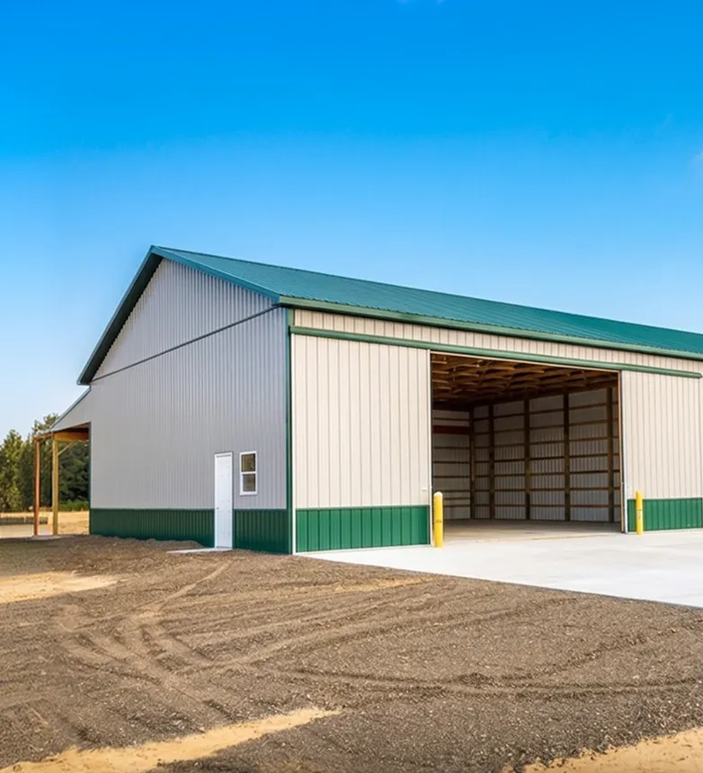 A large metal storage building with a green roof and open sliding doors sits on a dirt lot under a clear blue sky.